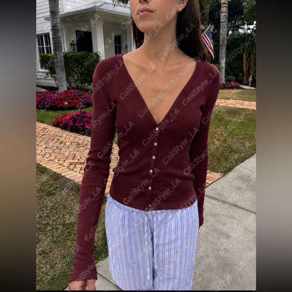 Brandy Melville - Paige Ruffle Long Sleeve Top in burgundy.
